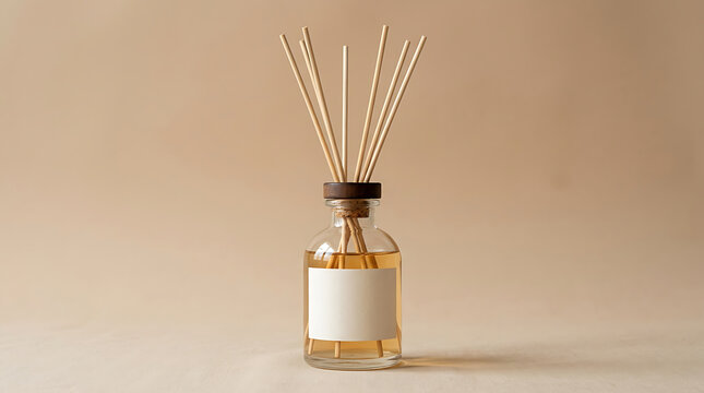 Minimalist essential oil diffuser mockup with wooden sticks on neutral background for branding
