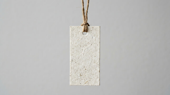 Blank textured paper tag hanging from twine string on light grey background