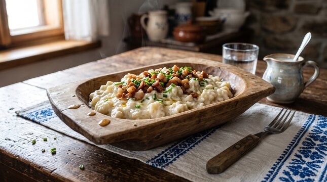 Traditional Slovak Bryndzove Halusky Potato Dumplings with Bacon