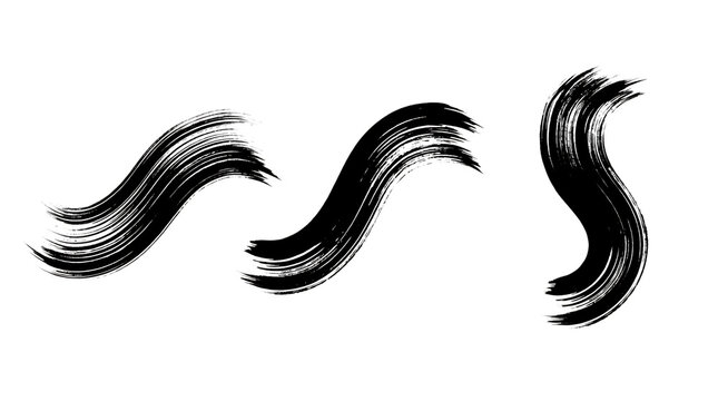 Premium set of three black ink brush strokes with dry texture, artistic handdrawn elements for design, isolated on transparent background