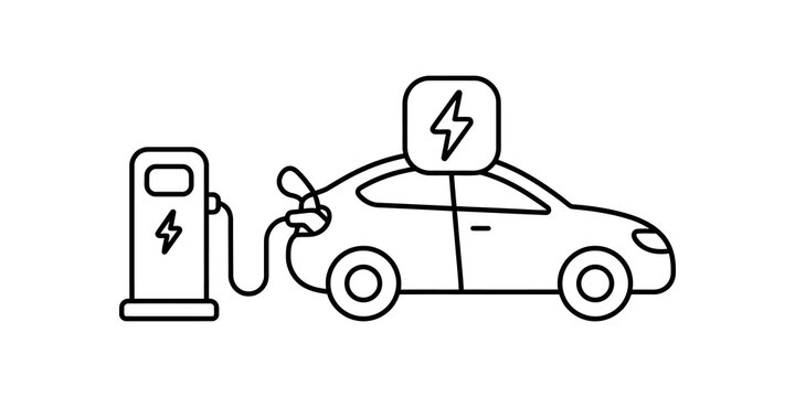 Electric car charging at station with lightning bolt symbol.