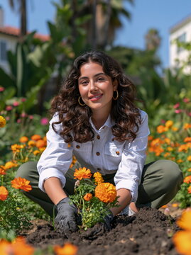 Young Woman Planting Vibrant Coral Flowers in Lush Green Garden Under Bright Sunshine