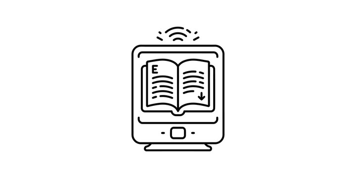Tablet displaying open ebook with download arrow and wifi signal, for digital learning.