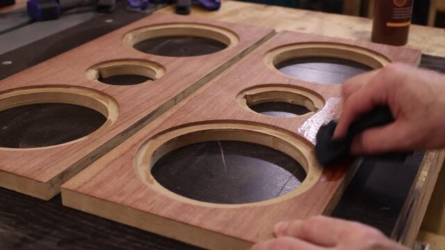 Carpenter applying danish oil finish to wooden speaker cabinets