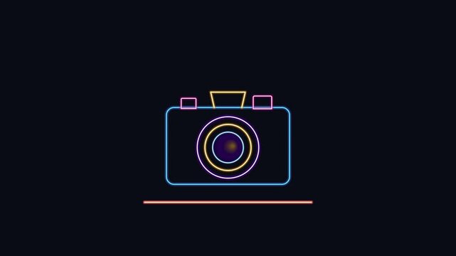 Neon camera icon morphing and glowing on dark background