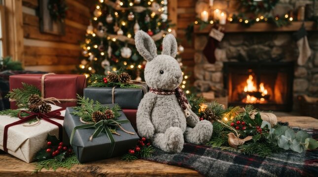 Cozy Christmas scene with a plush bunny toy and wrapped gifts by a warm stone fireplace hearth
