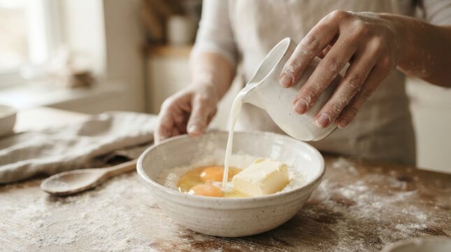 Person pouring fresh milk into a ceramic bowl with raw eggs and butter for baking preparation