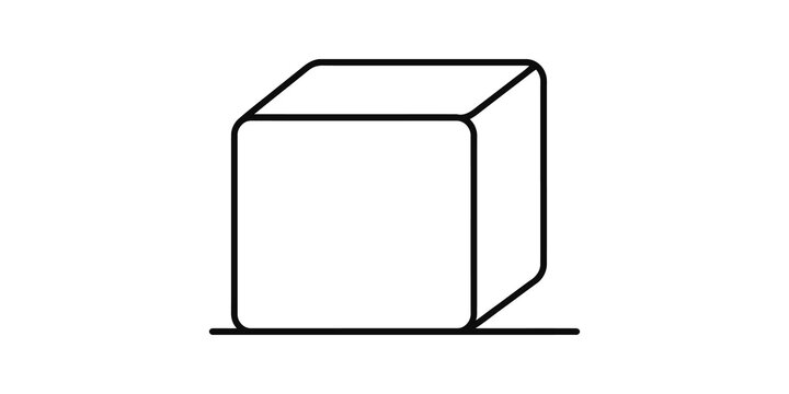 Simple outline cube object on a flat line representing a base.