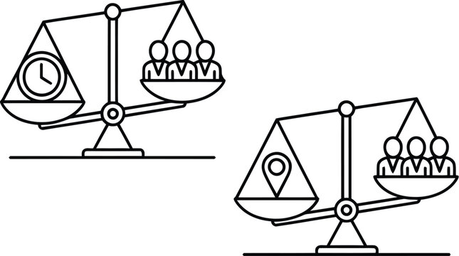 Line art work life balance vector set featuring scales weighing time clock and location pin against people isolated white background.