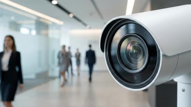 White Bullet Camera Lens Modern Office Corridor Monitoring Workplace Security and Blurred Business People Hallway Surveillance