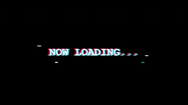 Distorted digital text animation featuring a Now Loading status message, isolated on a transparent background.