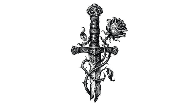 Vintage engraved dagger wrapped in a blooming rose stem.