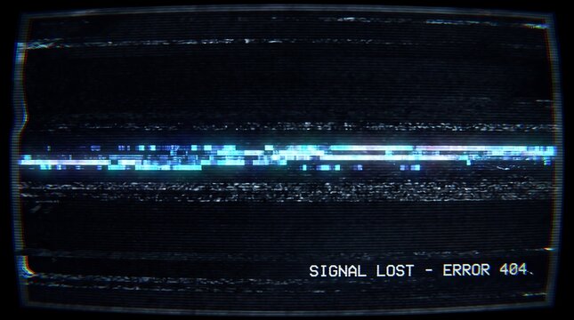 Retro television screen displaying static signal loss error 404 message.