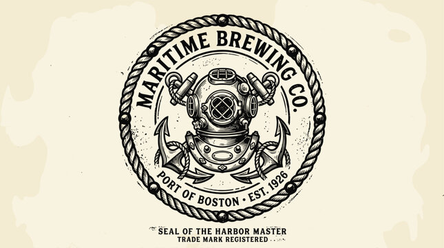 Vintage maritime brewing company logo with diving helmet.
