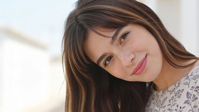 A portrait of a young woman with long brown hair and a gentle smile. She has a lighthearted expression and her head is tilted slightly to the side