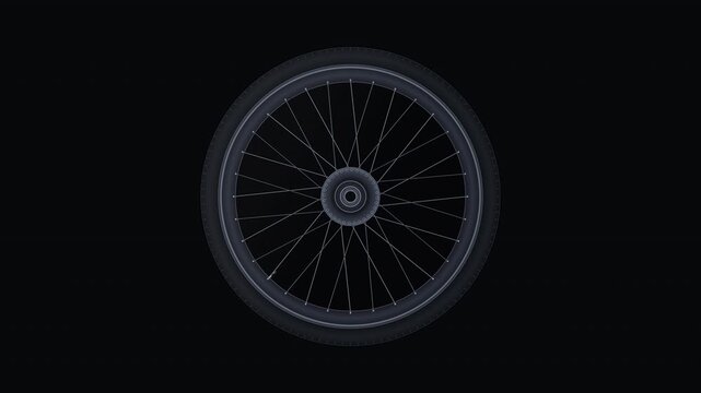 High-detail procedural 2D vector bicycle wheel with metallic alloy rim, radial spokes laced to precision hub, valve stem, and subtle tread texture.