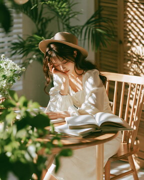 Focused Young Woman Studying with Notebooks and Laptop in Cozy, Sunlit Library