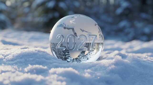 Glass crystal ball featuring the year 2027 sits prominently on a fresh layer of white winter snow.