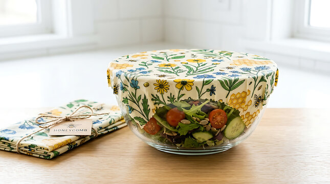 Elegant floral-patterned ceramic bowl with matching placemat lifestyle mockup on wooden surface