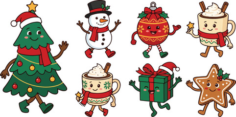 Fototapeta premium Set of cute hand drawn christmas characters including tree snowman ornament hot cocoa gift and star cookie