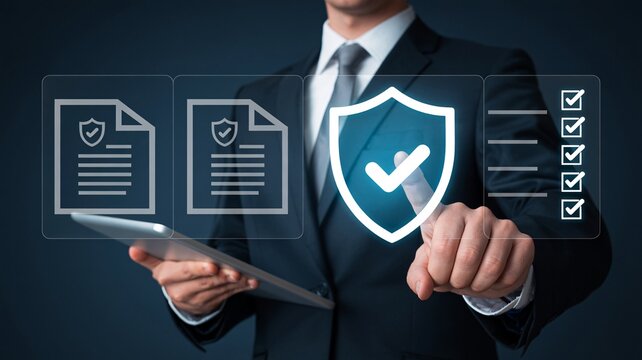 Business Security and Compliance Concept with Professional Touching Digital Shield and Documents