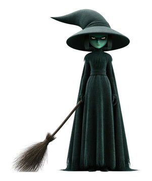 PNG Mystical witch with broom in dark attire illustration.
