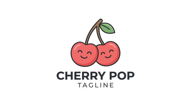 Cute smiling cherry fruit cartoon mascot logo with text.