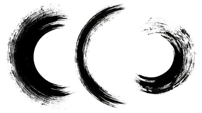 Premium set of three black ink brush stroke circles isolated on transparent background