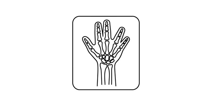 Line art x-ray of a human hand showing bones and joints within a rounded square.