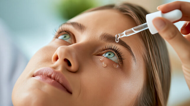 Faceless close-up of a person tilting their head backward while applying eye medication, ocular dryness, irritation relief, ophthalmic care, medical self-treatment, realistic