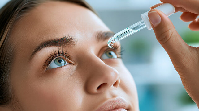 Faceless close-up of a person tilting their head backward while applying eye medication, ocular dryness, irritation relief, ophthalmic care, medical self-treatment, realistic