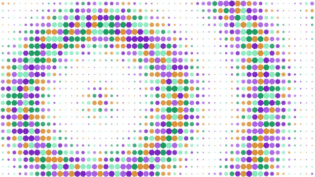 Abstract background, with a circular, pattern of small, hexagon shapes in, purple, green, and, orange colors on, a dark black, background surface isolated on a transparent background