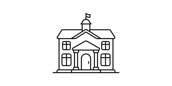 Outline drawing of a building with a pedimented entrance and flag, representing public institutions or schools.