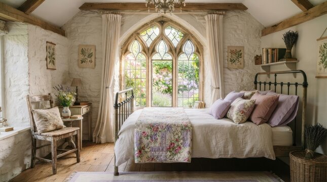 Cozy cottage bedroom featuring a gothic arched window overlooking a lush blooming summer garden