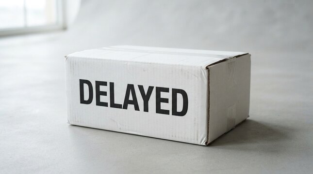 Delayed delivery package box, shipping and logistics concept with text on cardboard for freight and transport.