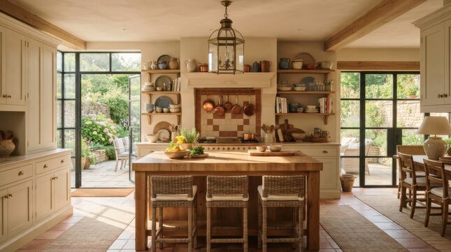 Elegant rustic kitchen interior with a large wooden island and garden view through glass doors