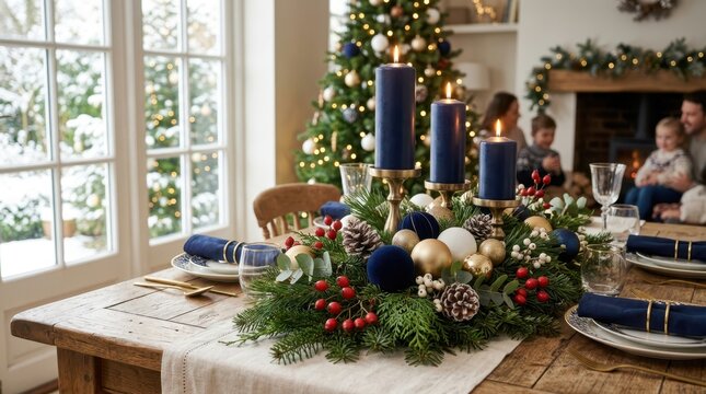 Elegant Christmas dining table centerpiece with blue candles and festive holiday decorations