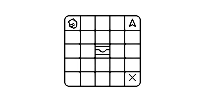 Grid maze game icon with start, end, and obstacles on transparent background.