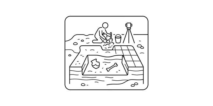 Archaeological excavation site with scientist and dig tools on transparent background.