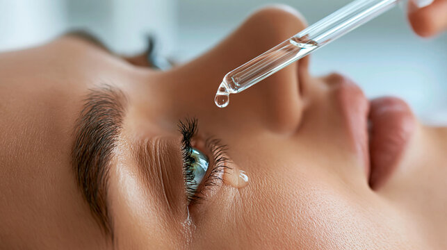 Close-up faceless composition of a woman tilting her head back while a drop falls into her eye, dry eye treatment, eye care routine, ocular hydration, medical lifestyle