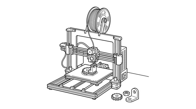 3D Printer Machine, filament extruder building plastic object line art