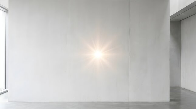 Bright sunburst light flare on a minimalist white concrete interior wall