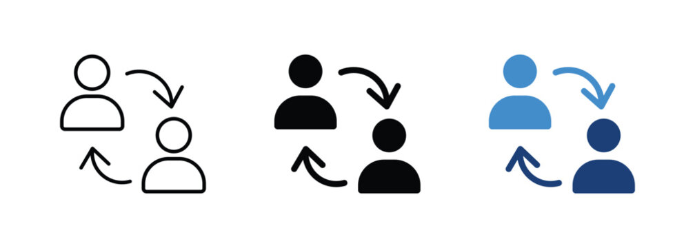 Person or user exchange icon with people and transfer arrows symbol. 