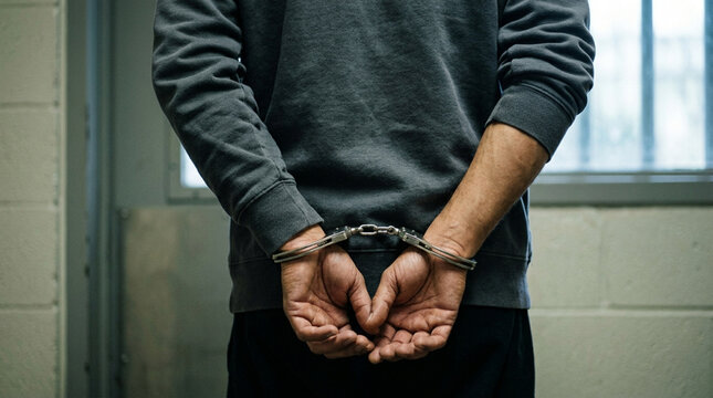 Criminal arrested with hands cuffed behind back in custody room