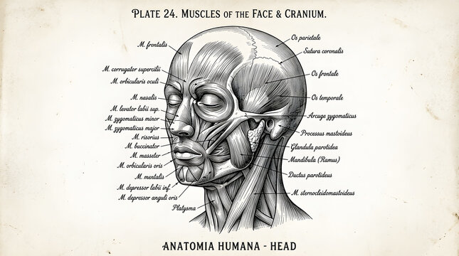 Vintage muscles of face and cranium anatomy illustration