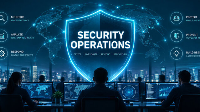Security analysts monitor digital dashboards beneath a glowing blue shield and connected world map in a futuristic cybersecurity operations center.