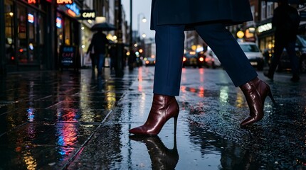 Obraz premium Woman in high heel boots walking on wet city street at night with reflections