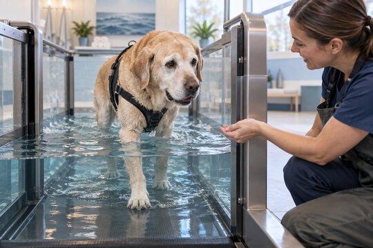 A senior golden dog wearing a support harness walks on an underwater treadmill while a caregiver encourages it in a bright rehabilitation facility.