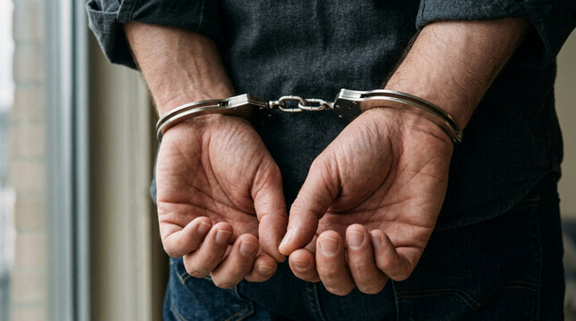 Handcuffed Person's Hands Behind Back, Arrested Suspect, Crime Concept