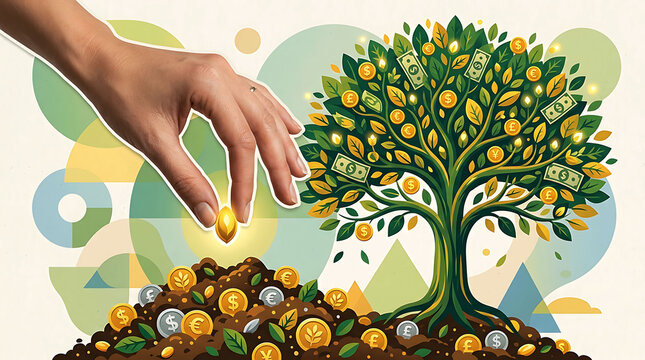 Hand planting golden seed near wealth tree with money coins illustration